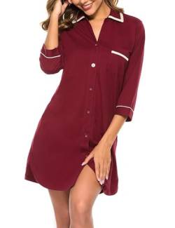 COLORFULLEAF Nachthemd Damen Kurzarm Baumwolle Stillnachthemd Damen Schlafshirt mit Knopfleiste Hemdkleid Damen(Weinrot,L) von COLORFULLEAF