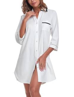 COLORFULLEAF Nachthemd Damen Baumwolle Sleepshirt 3/4-Ärmel Schlafshirt Nachtwäsche mit Knopfleiste(Weiss,L) von COLORFULLEAF