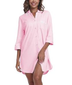 COLORFULLEAF Nachthemd Damen Kurzarm Baumwolle Stillnachthemd Damen Schlafshirt mit Knopfleiste Hemdkleid Damen(Rosa,L) von COLORFULLEAF