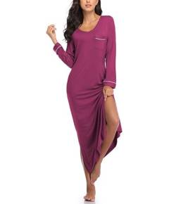 COLORFULLEAF Nachthemd Damen Lang Schlafshirt V-Ausschnitt Nachtwäsche Sexy Langarm Nachtkleid Frauen mit Taschen Weiche Schlafhemd Sleepshirt(Fuchsie,2XL) von COLORFULLEAF