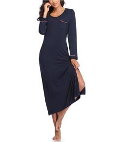 COLORFULLEAF Nachthemd Damen Lang Schlafshirt V-Ausschnitt Nachtwäsche Sexy Langarm Nachtkleid Frauen mit Taschen Weiche Schlafhemd Sleepshirt(Navy blau,M) von COLORFULLEAF