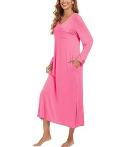 COLORFULLEAF Nachthemd Damen Lang Schlafshirt V-Ausschnitt Nachtwäsche Sexy Langarm Nachtkleid Frauen mit Taschen Weiche Schlafhemd Sleepshirt(Rosa,S) von COLORFULLEAF