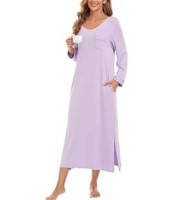 COLORFULLEAF Nachthemd Damen Lang Schlafshirt V-Ausschnitt Nachtwäsche Sexy Langarm Nachtkleid Frauen mit Taschen Weiche Schlafhemd Sleepshirt(Violett,L) von COLORFULLEAF