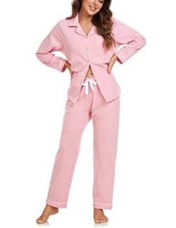 COLORFULLEAF Pyjama Damen 100% Baumwolle mit Knöpfen Langarm Schlafanzug für Frauen Lang Zweiteiliger Nachtwäsche mit Taschen(Rosa M) von COLORFULLEAF