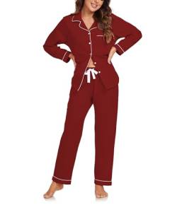 COLORFULLEAF Pyjama Damen 100% Baumwolle mit Knöpfen Langarm Schlafanzug für Frauen Lang Zweiteiliger Nachtwäsche mit Taschen(Weinrot XL) von COLORFULLEAF