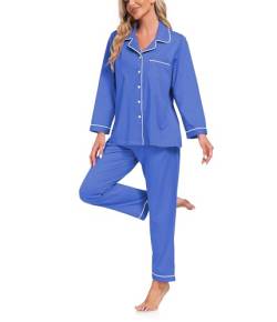 COLORFULLEAF Schlafanzug Damen 100% Baumwolle mit Knopfleiste Langarm Pyjamas Set Zweiteiliger Lang Nachtwäsche Hausanzug(Blau L) von COLORFULLEAF