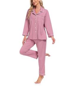 COLORFULLEAF Schlafanzug Damen 100% Baumwolle mit Knopfleiste Langarm Pyjamas Set Zweiteiliger Lang Nachtwäsche Hausanzug(Düstere Rose L) von COLORFULLEAF