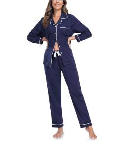 COLORFULLEAF Schlafanzug Damen 100% Baumwolle mit Knopfleiste Langarm Pyjamas Set Zweiteiliger Lang Nachtwäsche Hausanzug(Navy Blau L) von COLORFULLEAF