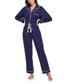 COLORFULLEAF Schlafanzug Damen 100% Baumwolle mit Knopfleiste Langarm Pyjamas Set Zweiteiliger Lang Nachtwäsche Hausanzug(Navy Blau M) von COLORFULLEAF