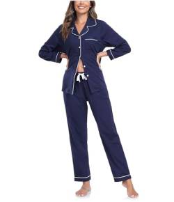 COLORFULLEAF Schlafanzug Damen 100% Baumwolle mit Knopfleiste Langarm Pyjamas Set Zweiteiliger Lang Nachtwäsche Hausanzug(Navy Blau XL) von COLORFULLEAF