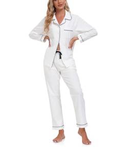 COLORFULLEAF Schlafanzug Damen 100% Baumwolle mit Knopfleiste Langarm Pyjamas Set Zweiteiliger Lang Nachtwäsche Hausanzug(Weiß XL) von COLORFULLEAF
