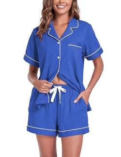 COLORFULLEAF Schlafanzug Damen Kurz Pyjama Set mit Knöpfe 100% Baumwolle Zweiteiliger Sommer Nachtwäsche Hausanzug(Blau,2XL) von COLORFULLEAF