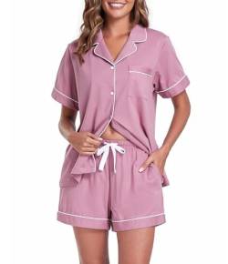 COLORFULLEAF Schlafanzug Damen Kurz Pyjama Set mit Knöpfe 100% Baumwolle Zweiteiliger Sommer Nachtwäsche Hausanzug(Düstere Rose,L) von COLORFULLEAF