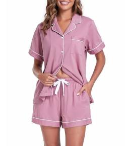 COLORFULLEAF Schlafanzug Damen Kurz Pyjama Set mit Knöpfe 100% Baumwolle Zweiteiliger Sommer Nachtwäsche Hausanzug(Düstere Rose,XL) von COLORFULLEAF