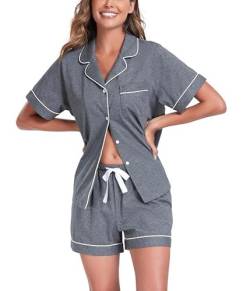 COLORFULLEAF Schlafanzug Damen Kurz Pyjama Set mit Knöpfe 100% Baumwolle Zweiteiliger Sommer Nachtwäsche Hausanzug(Dunkelgrau,L) von COLORFULLEAF