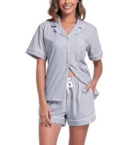 COLORFULLEAF Schlafanzug Damen Kurz Pyjama Set mit Knöpfe 100% Baumwolle Zweiteiliger Sommer Nachtwäsche Hausanzug(Grau,S) von COLORFULLEAF