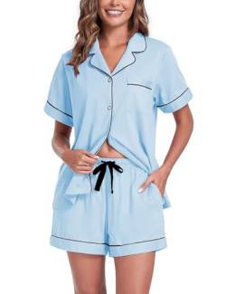 COLORFULLEAF Schlafanzug Damen Kurz Pyjama Set mit Knöpfe 100% Baumwolle Zweiteiliger Sommer Nachtwäsche Hausanzug(Hellblau,M) von COLORFULLEAF