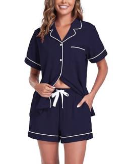 COLORFULLEAF Schlafanzug Damen Kurz Pyjama Set mit Knöpfe 100% Baumwolle Zweiteiliger Sommer Nachtwäsche Hausanzug(Navy Blau,L) von COLORFULLEAF