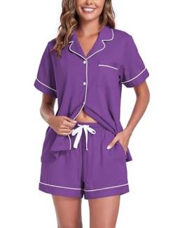 COLORFULLEAF Schlafanzug Damen Kurz Pyjama Set mit Knöpfe 100% Baumwolle Zweiteiliger Sommer Nachtwäsche Hausanzug(Pflaume,M) von COLORFULLEAF