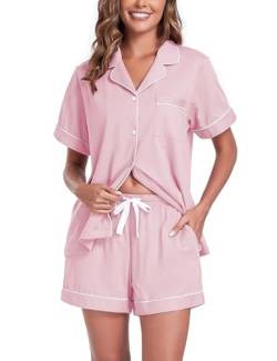 COLORFULLEAF Schlafanzug Damen Kurz Pyjama Set mit Knöpfe 100% Baumwolle Zweiteiliger Sommer Nachtwäsche Hausanzug(Rosa,2XL) von COLORFULLEAF