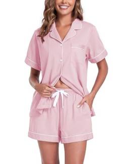 COLORFULLEAF Schlafanzug Damen Kurz Pyjama Set mit Knöpfe 100% Baumwolle Zweiteiliger Sommer Nachtwäsche Hausanzug(Rosa,S) von COLORFULLEAF