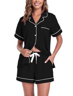 COLORFULLEAF Schlafanzug Damen Kurz Pyjama Set mit Knöpfe 100% Baumwolle Zweiteiliger Sommer Nachtwäsche Hausanzug(Schwarz,L) von COLORFULLEAF