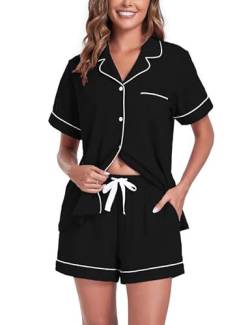 COLORFULLEAF Schlafanzug Damen Kurz Pyjama Set mit Knöpfe 100% Baumwolle Zweiteiliger Sommer Nachtwäsche Hausanzug(Schwarz,S) von COLORFULLEAF