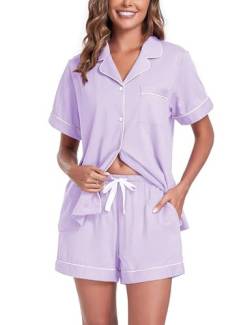 COLORFULLEAF Schlafanzug Damen Kurz Pyjama Set mit Knöpfe 100% Baumwolle Zweiteiliger Sommer Nachtwäsche Hausanzug(Violett,L) von COLORFULLEAF