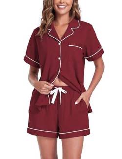 COLORFULLEAF Schlafanzug Damen Kurz Pyjama Set mit Knöpfe 100% Baumwolle Zweiteiliger Sommer Nachtwäsche Hausanzug(Weinrot,2XL) von COLORFULLEAF