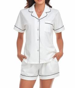 COLORFULLEAF Schlafanzug Damen Kurz Pyjama Set mit Knöpfe 100% Baumwolle Zweiteiliger Sommer Nachtwäsche Hausanzug(Weiß,2XL) von COLORFULLEAF