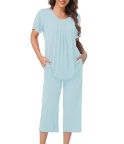 COLORFULLEAF Schlafanzug Damen Pyjama Set Zweiteiler Damen Sommer Kurzarm Nachtwäsche und 3/4 Lang Schlafanzughosen(Hellblau,XL) von COLORFULLEAF