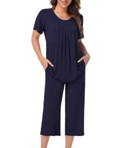 COLORFULLEAF Schlafanzug Damen Pyjama Set Zweiteiler Damen Sommer Kurzarm Nachtwäsche und 3/4 Lang Schlafanzughosen(Navy Blau,L) von COLORFULLEAF