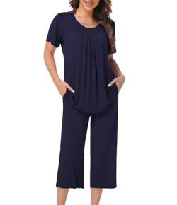 COLORFULLEAF Schlafanzug Damen Pyjama Set Zweiteiler Damen Sommer Kurzarm Nachtwäsche und 3/4 Lang Schlafanzughosen(Navy Blau,M) von COLORFULLEAF