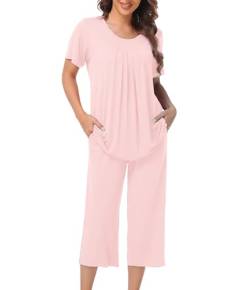 COLORFULLEAF Schlafanzug Damen Pyjama Set Zweiteiler Damen Sommer Kurzarm Nachtwäsche und 3/4 Lang Schlafanzughosen(Rosa,XXL) von COLORFULLEAF