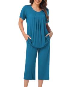 COLORFULLEAF Schlafanzug Damen Pyjama Set Zweiteiler Damen Sommer Kurzarm Nachtwäsche und 3/4 Lang Schlafanzughosen(Türkisblau,S) von COLORFULLEAF