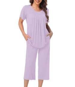 COLORFULLEAF Schlafanzug Damen Pyjama Set Zweiteiler Damen Sommer Kurzarm Nachtwäsche und 3/4 Lang Schlafanzughosen(Violett,L) von COLORFULLEAF