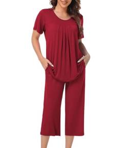 COLORFULLEAF Schlafanzug Damen Pyjama Set Zweiteiler Damen Sommer Kurzarm Nachtwäsche und 3/4 Lang Schlafanzughosen(Weinrot,L) von COLORFULLEAF