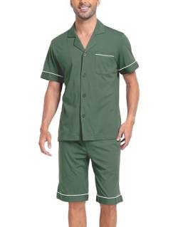 COLORFULLEAF Schlafanzug Herren Kurz Pyjama Set mit Knöpfen Sommer Zweiteilig Nachtwäsche Männer Kurzarm T-Shirt Pyjamahose(Armeegrün,M) von COLORFULLEAF