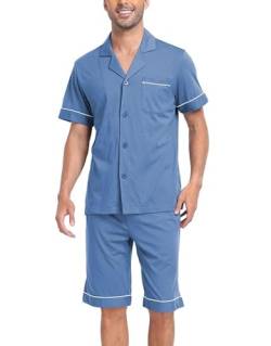 COLORFULLEAF Schlafanzug Herren Kurz Pyjama Set mit Knöpfen Sommer Zweiteilig Nachtwäsche Männer Kurzarm T-Shirt Pyjamahose(Blau,L) von COLORFULLEAF