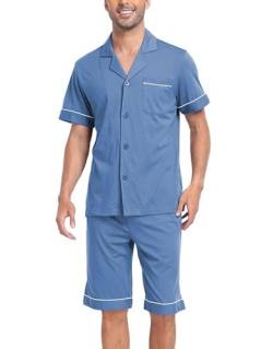 COLORFULLEAF Schlafanzug Herren Kurz Pyjama Set mit Knöpfen Sommer Zweiteilig Nachtwäsche Männer Kurzarm T-Shirt Pyjamahose(Blau,S) von COLORFULLEAF