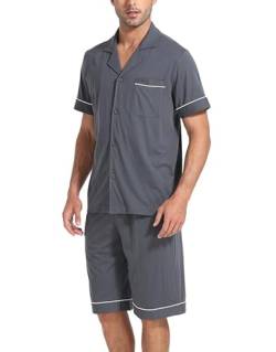 COLORFULLEAF Schlafanzug Herren Kurz Pyjama Set mit Knöpfen Sommer Zweiteilig Nachtwäsche Männer Kurzarm T-Shirt Pyjamahose(Dunkelgrau,L) von COLORFULLEAF