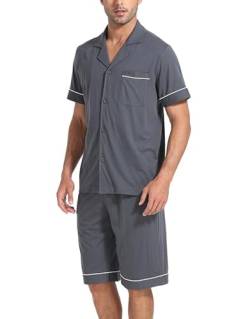 COLORFULLEAF Schlafanzug Herren Kurz Pyjama Set mit Knöpfen Sommer Zweiteilig Nachtwäsche Männer Kurzarm T-Shirt Pyjamahose(Dunkelgrau,M) von COLORFULLEAF