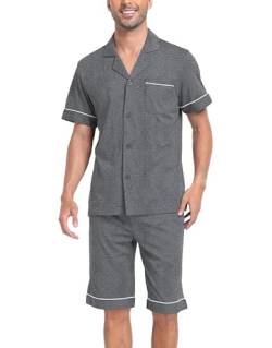 COLORFULLEAF Schlafanzug Herren Kurz Pyjama Set mit Knöpfen Sommer Zweiteilig Nachtwäsche Männer Kurzarm T-Shirt Pyjamahose(Grau,M) von COLORFULLEAF