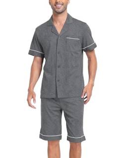 COLORFULLEAF Schlafanzug Herren Kurz Pyjama Set mit Knöpfen Sommer Zweiteilig Nachtwäsche Männer Kurzarm T-Shirt Pyjamahose(Grau,XL) von COLORFULLEAF