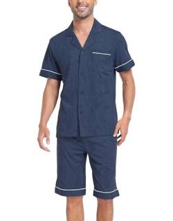 COLORFULLEAF Schlafanzug Herren Kurz Pyjama Set mit Knöpfen Sommer Zweiteilig Nachtwäsche Männer Kurzarm T-Shirt Pyjamahose(Heather Navy,L) von COLORFULLEAF