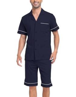 COLORFULLEAF Schlafanzug Herren Kurz Pyjama Set mit Knöpfen Sommer Zweiteilig Nachtwäsche Männer Kurzarm T-Shirt Pyjamahose(Navy blau,L) von COLORFULLEAF