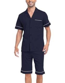 COLORFULLEAF Schlafanzug Herren Kurz Pyjama Set mit Knöpfen Sommer Zweiteilig Nachtwäsche Männer Kurzarm T-Shirt Pyjamahose(Navy blau,M) von COLORFULLEAF