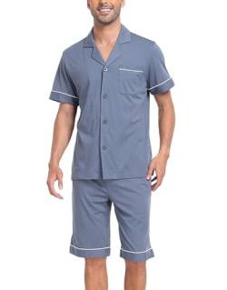 COLORFULLEAF Schlafanzug Herren Kurz Pyjama Set mit Knöpfen Sommer Zweiteilig Nachtwäsche Männer Kurzarm T-Shirt Pyjamahose(Neues Grau,M) von COLORFULLEAF