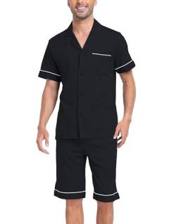 COLORFULLEAF Schlafanzug Herren Kurz Pyjama Set mit Knöpfen Sommer Zweiteilig Nachtwäsche Männer Kurzarm T-Shirt Pyjamahose(Schwarz,M) von COLORFULLEAF