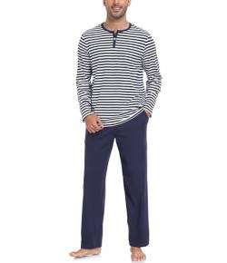 COLORFULLEAF Schlafanzug Herren Lang Baumwolle Herren Zweiteiliger & Langärmliger Pajama Atmungsaktive Herren-Loungewear(Navy blau,M) von COLORFULLEAF